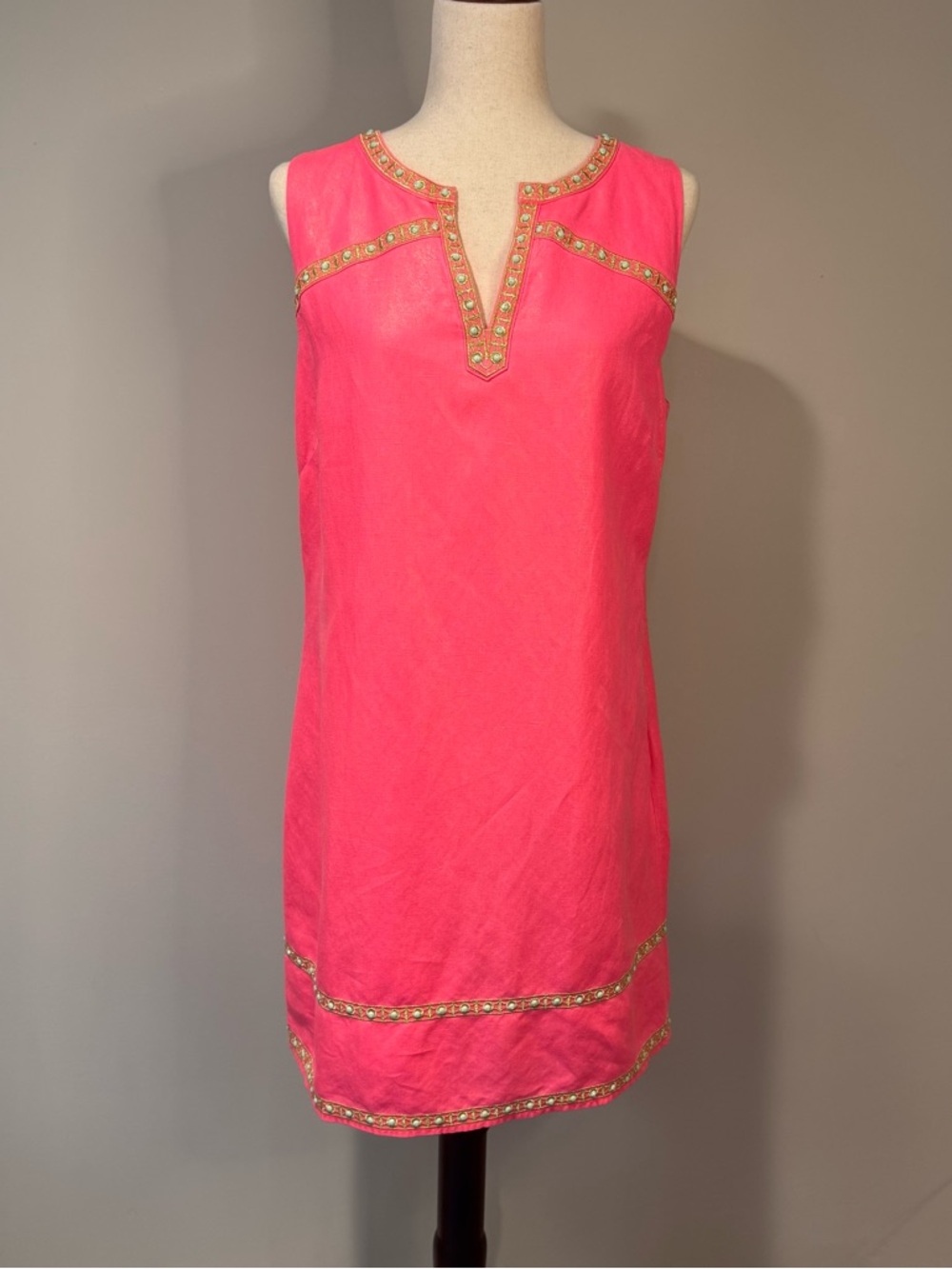 Vineyard Vines Women's Size 6 Pink Linen Blend Embellished Shift Dress Resort